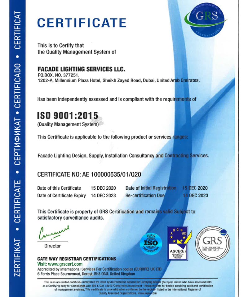 facade lighting services certificate