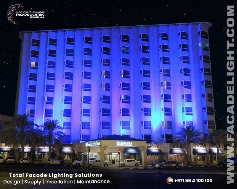 chelsea plaza hotel facade lighting dubai
