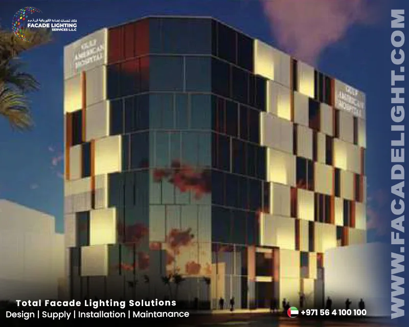 gulf american hospital facade light dubai