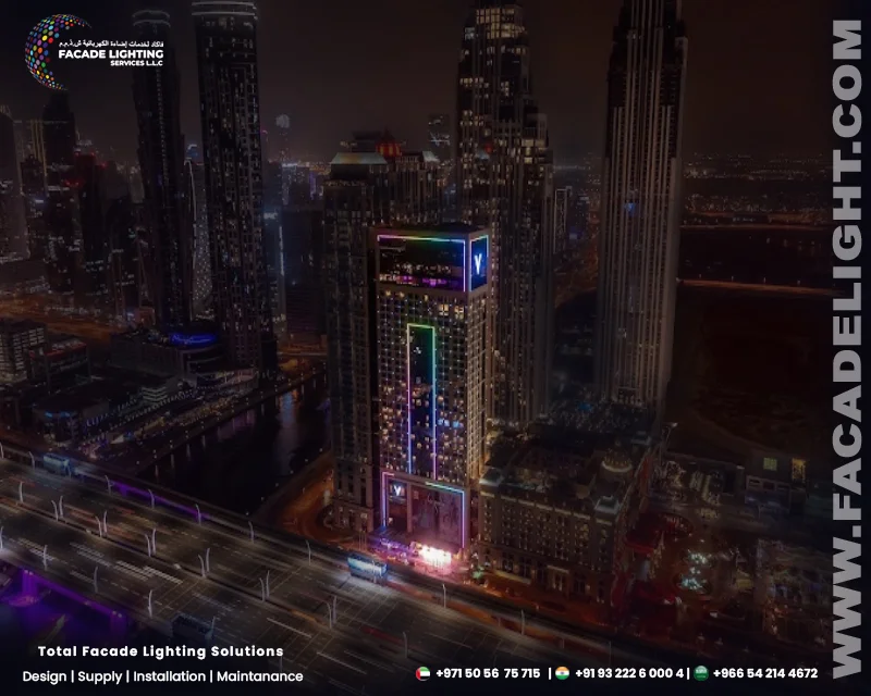 v hotel facade lighting